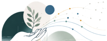 A hand holding a growing plant with a rising network of impact data points